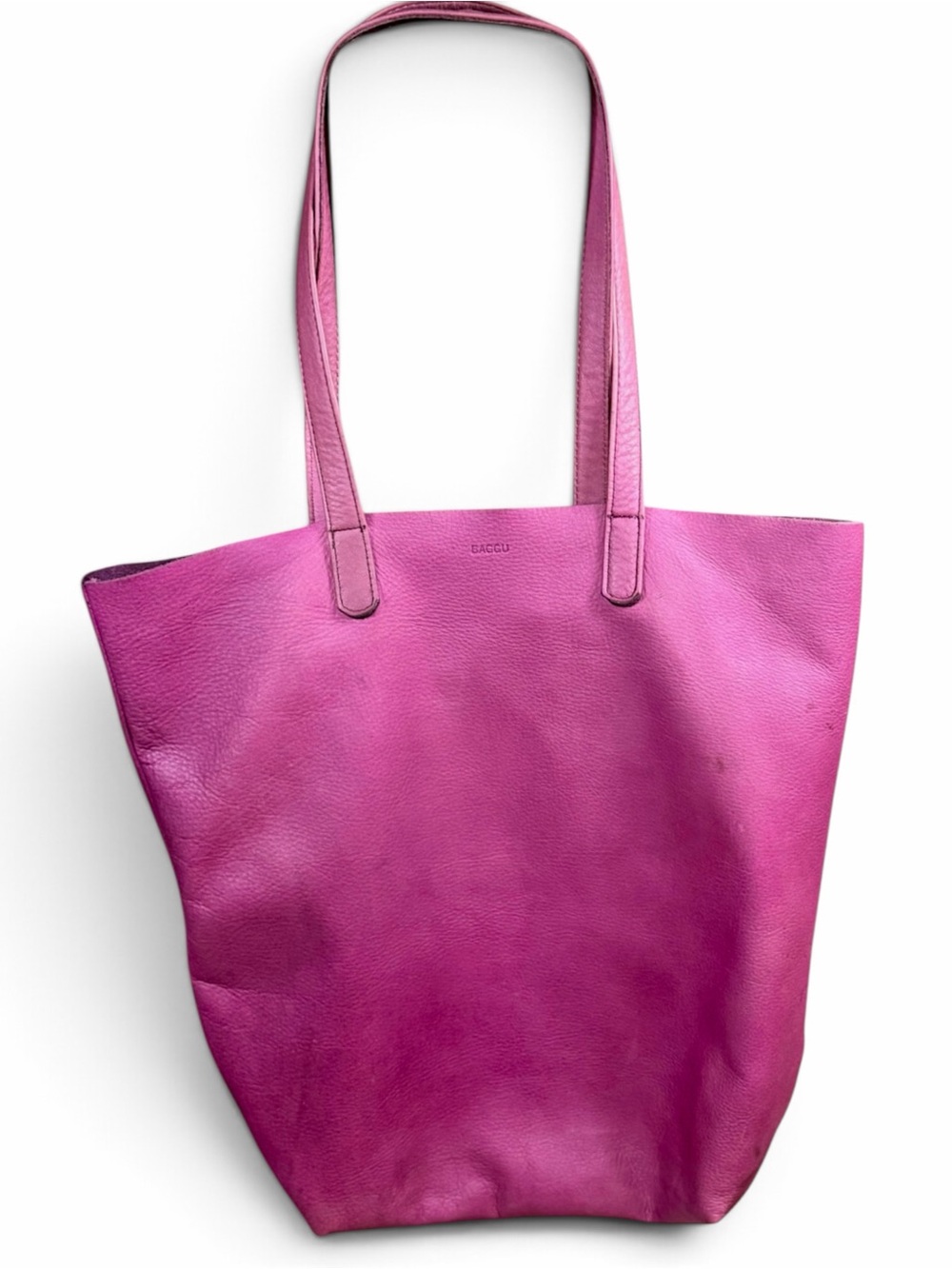 BAGGU Magenta Pink Natural Milled Leather Tote Bag Large Shoulder Bag
